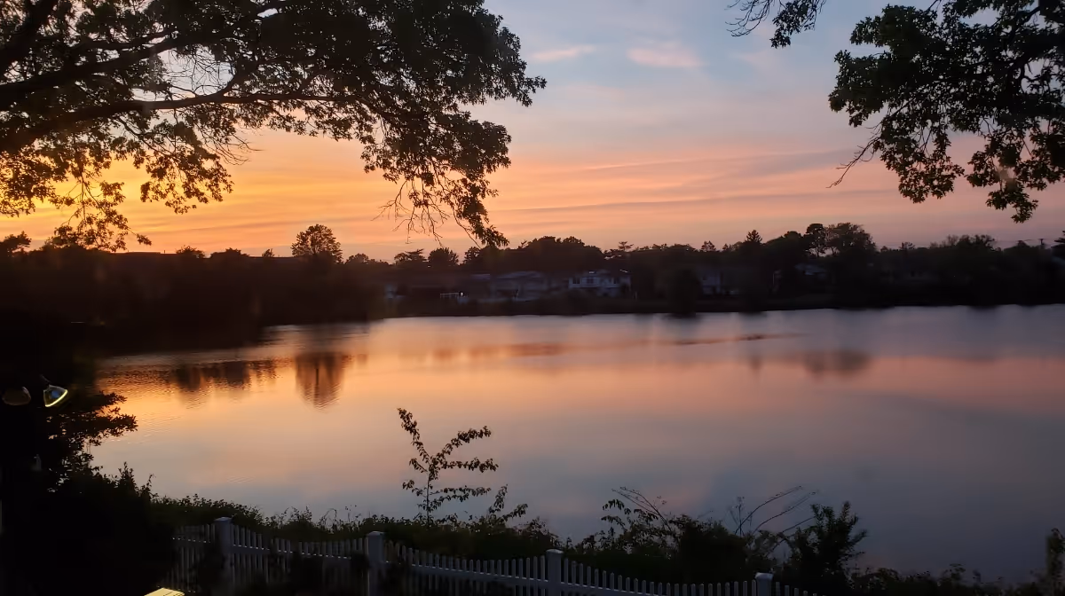 Sunset over a calm lake with trees, distant houses, and a white fence.