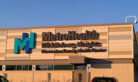 Exterior view of MetroHealth Middleburg Heights November Family Health Center building and sign.