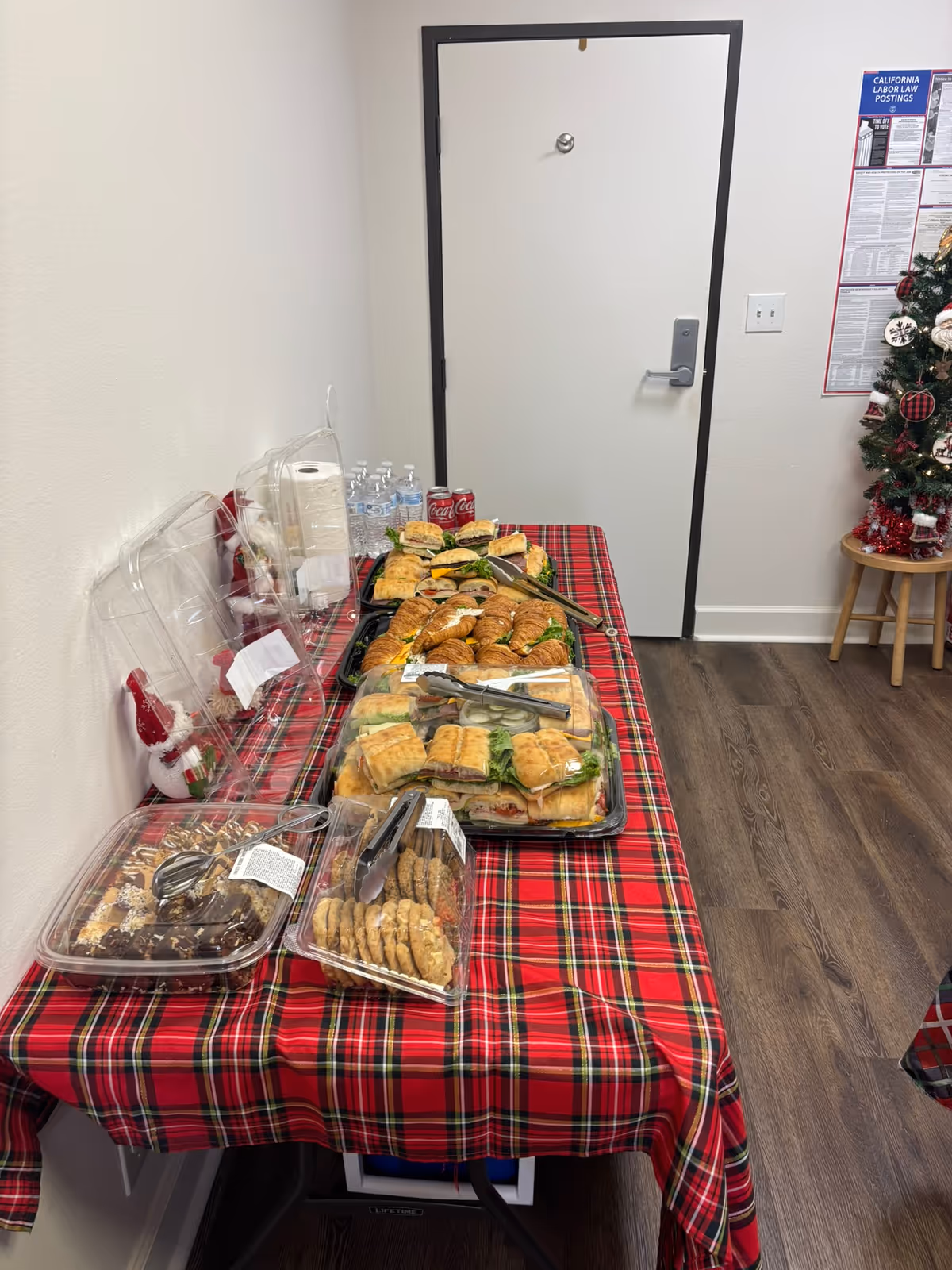 Table laden with sandwiches, pastries, and drinks on a plaid tablecloth.