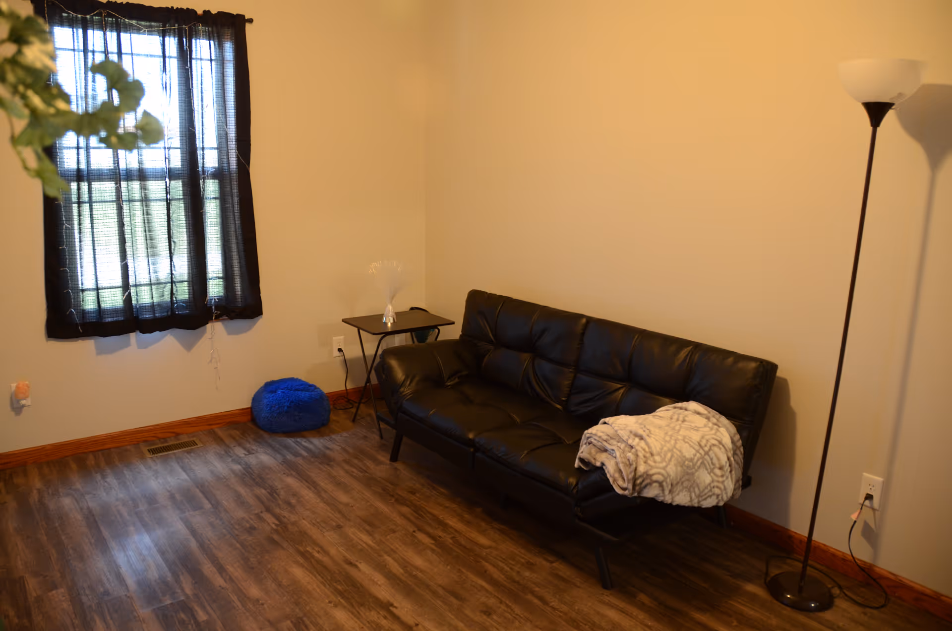 Cozy living room with black leather sofa, window, floor lamp, and side table.