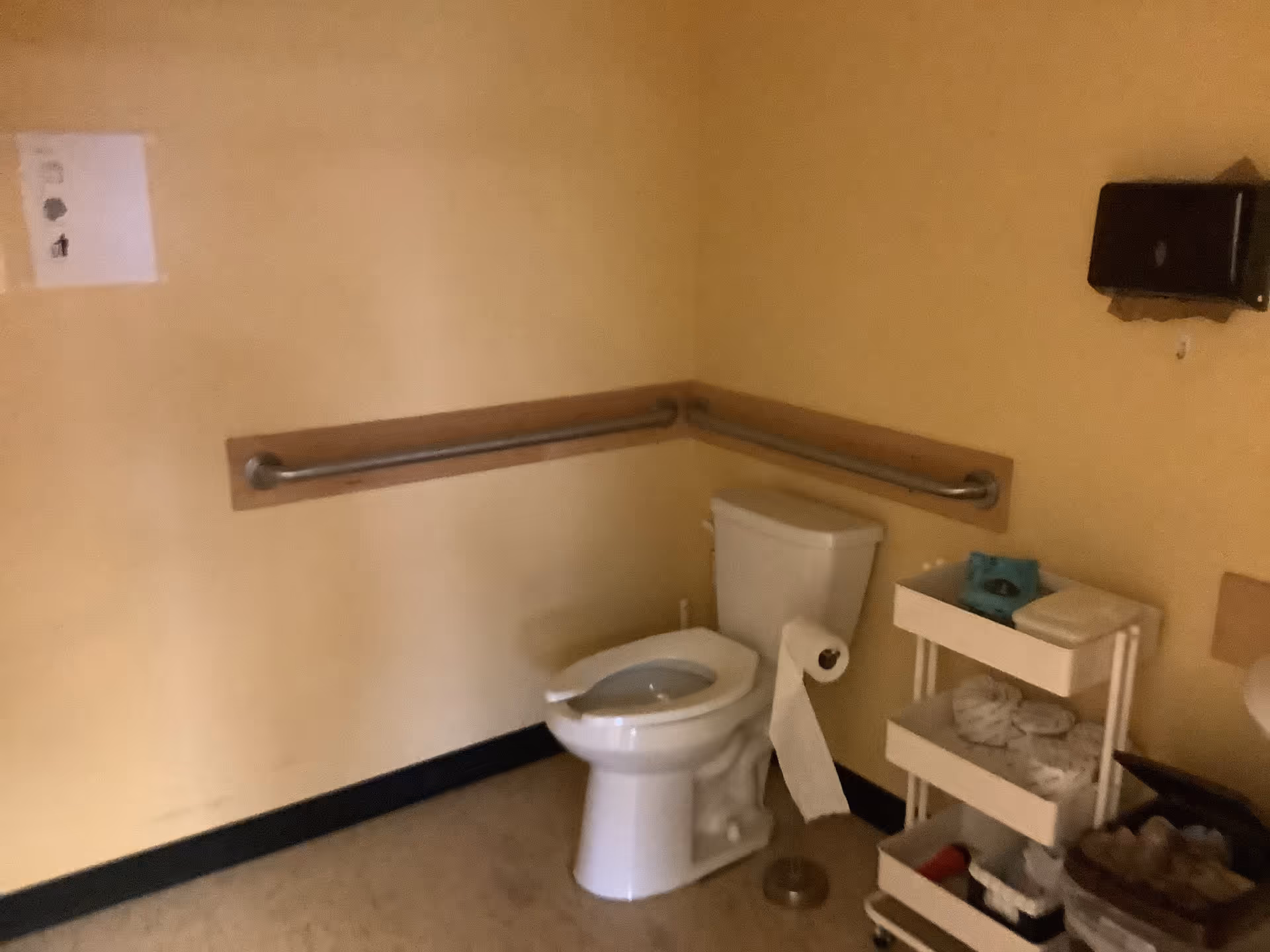 Accessible bathroom with grab bars, toilet, and a rolling shelf in a senior facility.