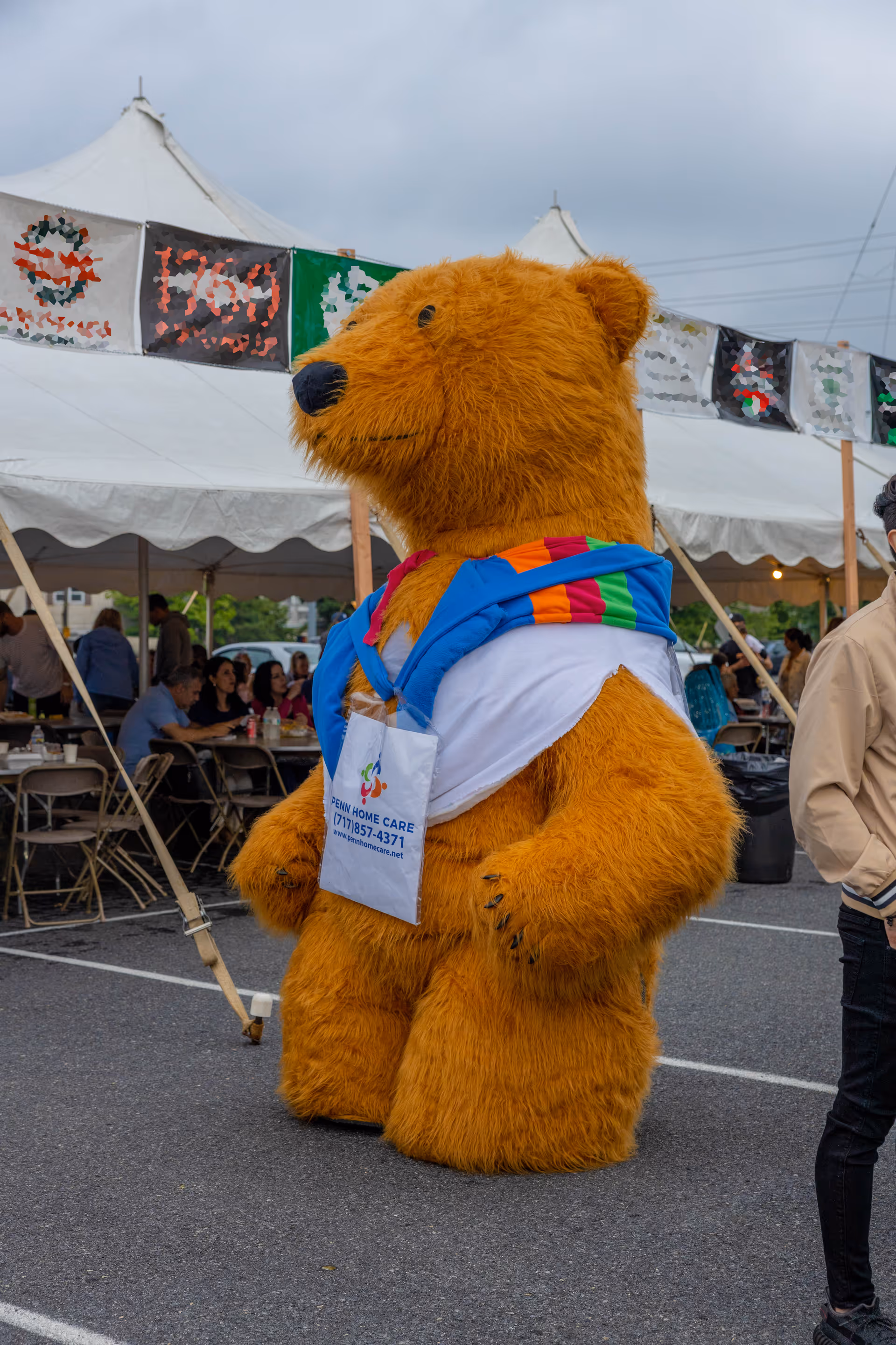 A large orange bear mascot wearing a blue scarf walks past tents at an outdoor event.