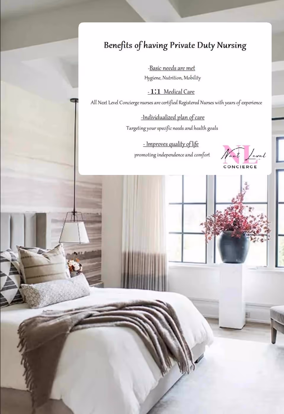 Modern senior living bedroom featuring a bed, large window, and pink flowers.