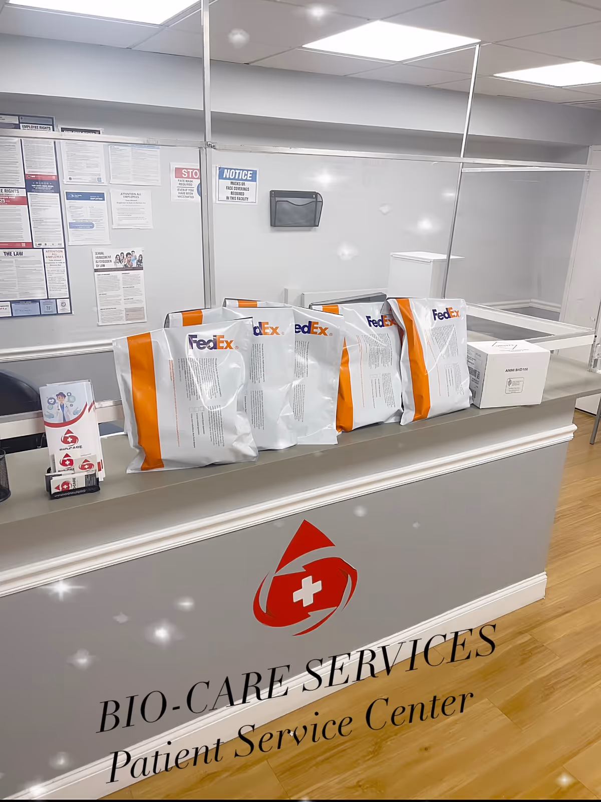 A reception desk with FedEx bags at BIO-CARE SERVICES Patient Service Center.