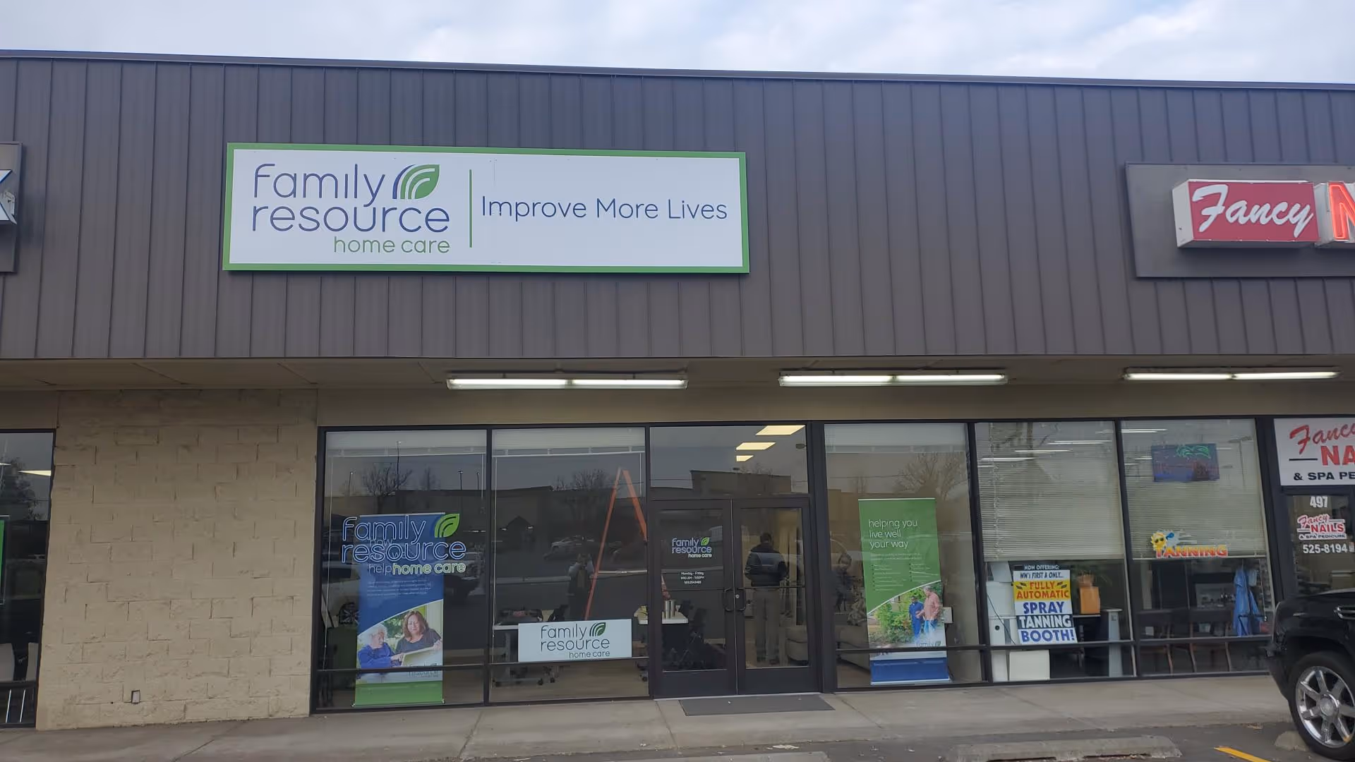 Front exterior of a Family Resource Home Care storefront with signage and windows.