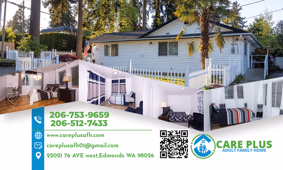 White single-story house with a white picket fence and collage of furnished bedrooms for Care Plus