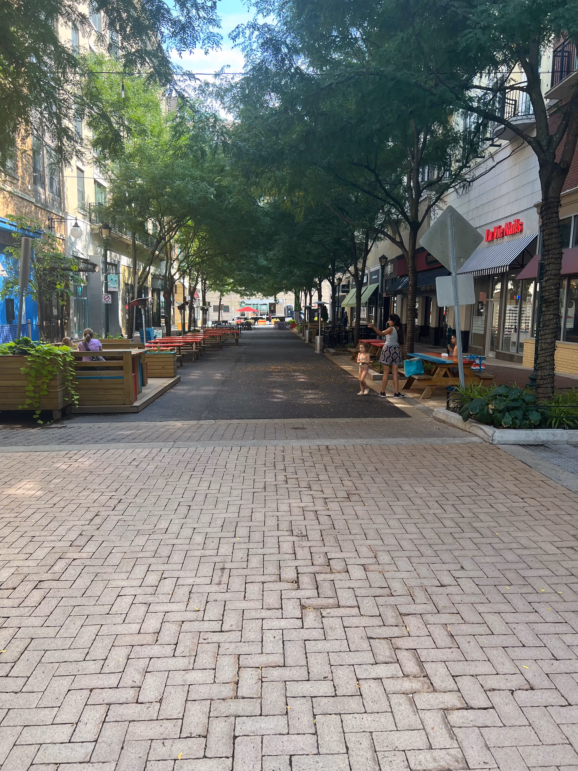 Outdoor pedestrian street lined with trees, benches, and storefronts on both sides.