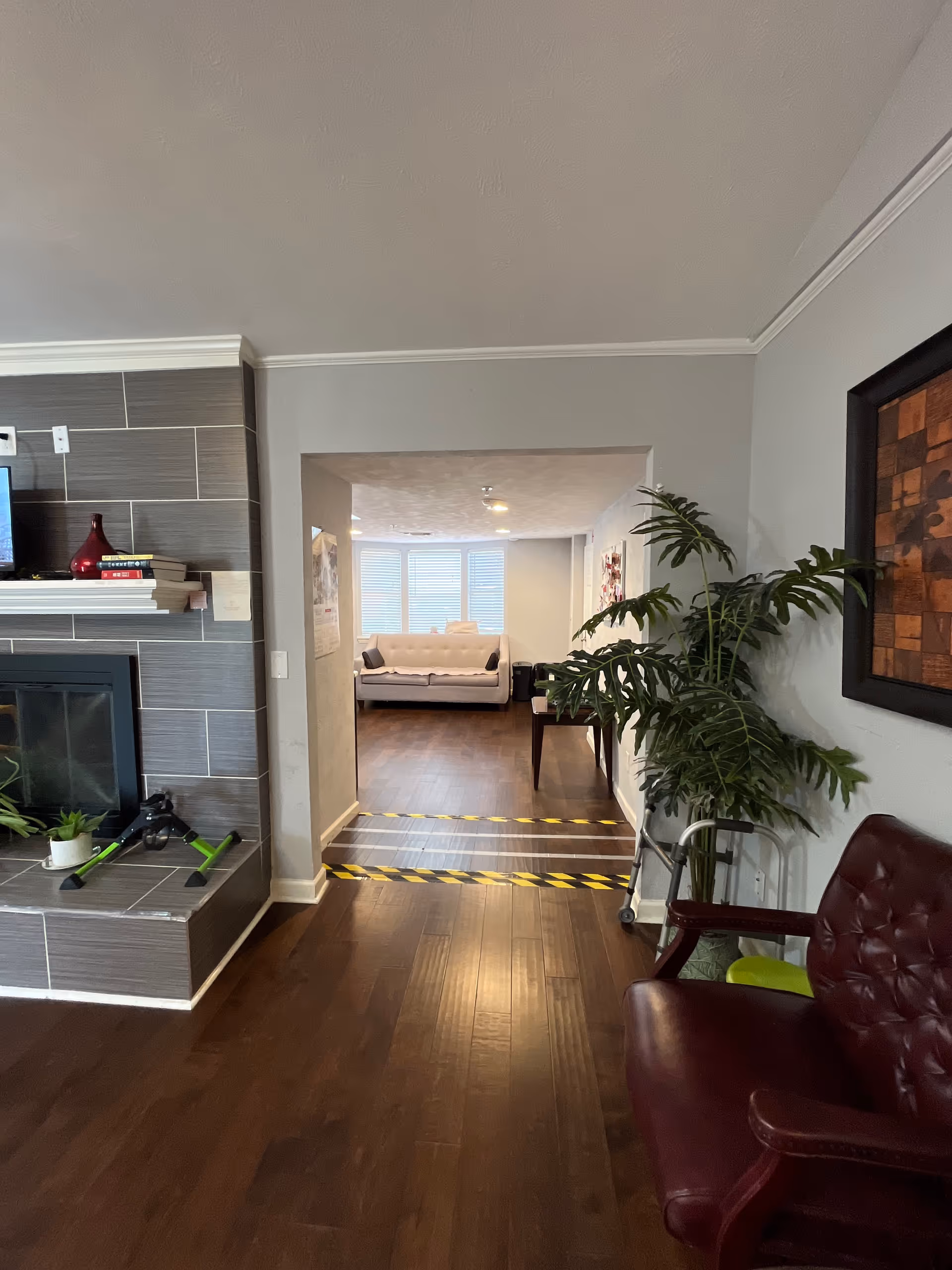 Interior view of Sunny Oak Care Home lobby with fireplace, couch, and plants.