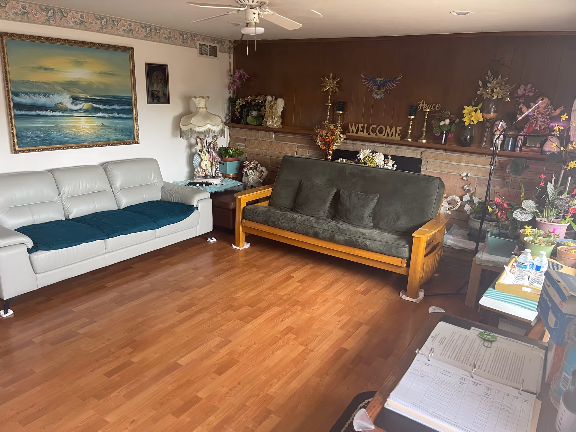 Cozy living room with white and green couches, plants, and decorative items.