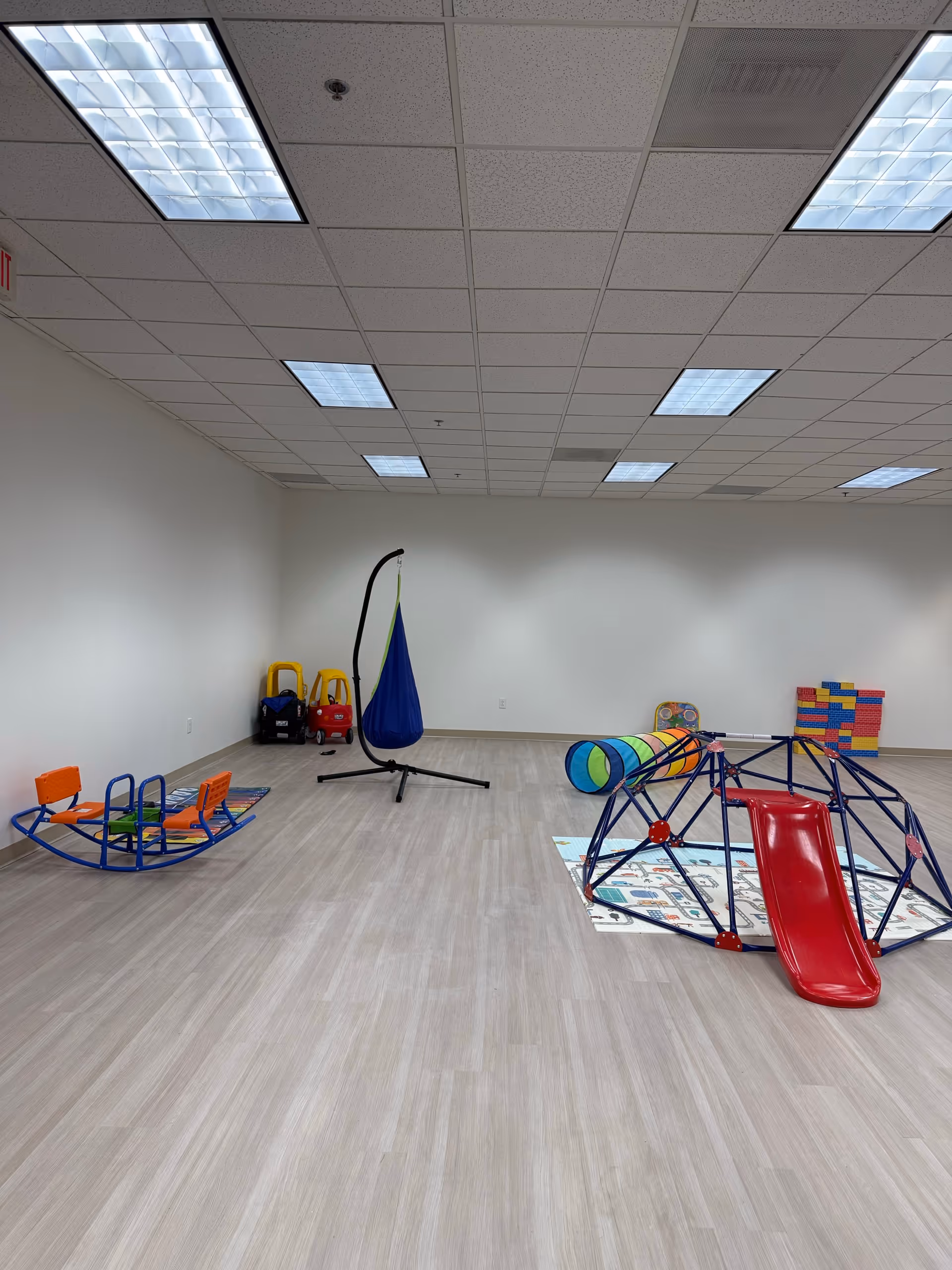 Indoor playroom with colorful therapy equipment, slide, dome climber, and mats.