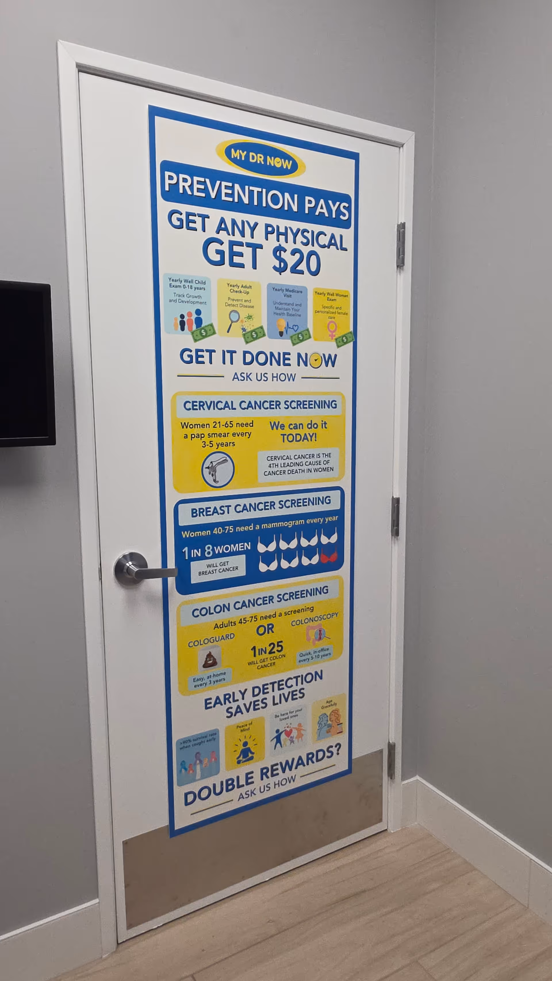 Interior door covered by a My Dr Now health screenings poster in a senior living facility