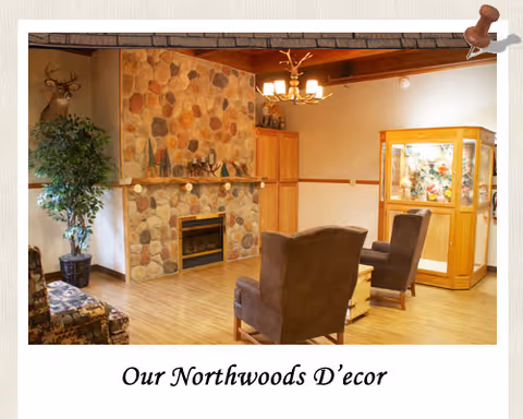 Cozy living room with a stone fireplace, two chairs, a display cabinet, and plants.