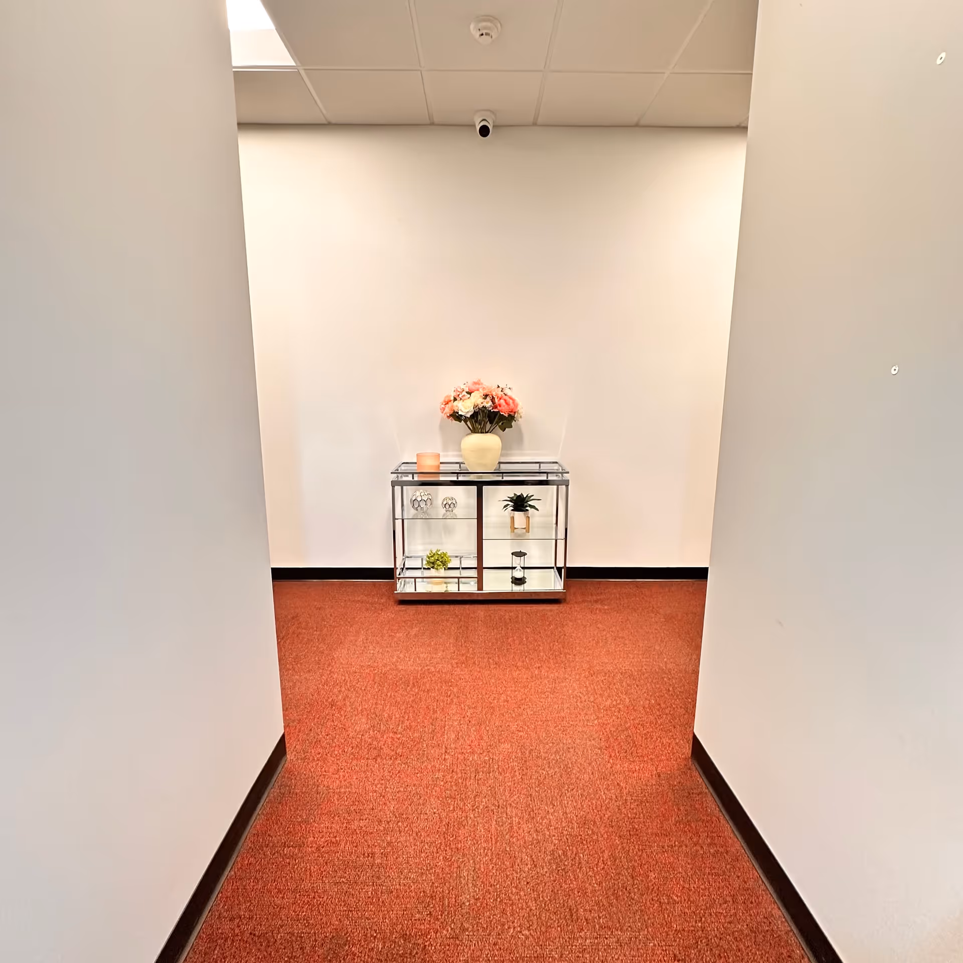 White hallway with a decorative glass console table, potted flowers, and red carpet.