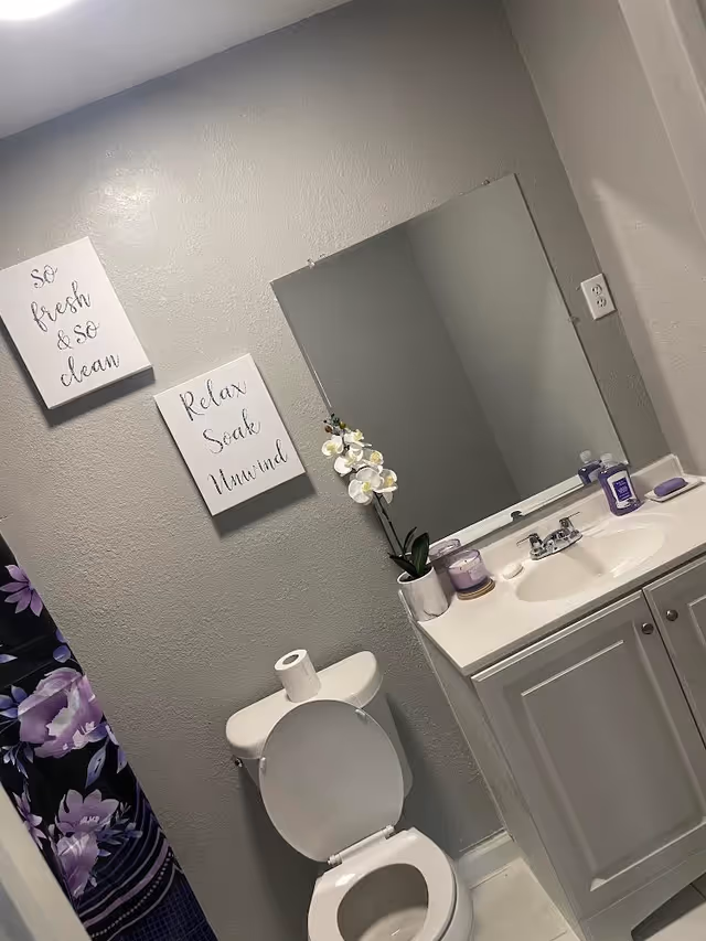 Grey bathroom with toilet, sink, mirror, orchid, and purple accents.