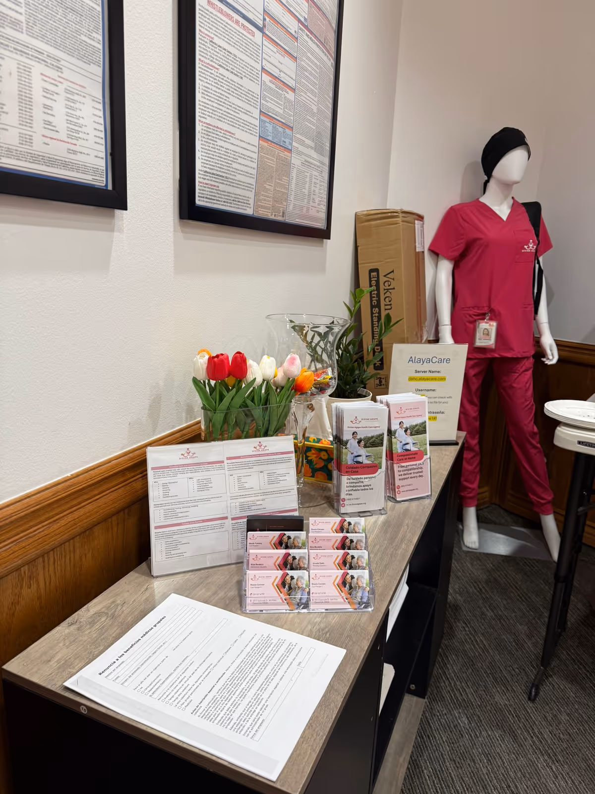 Reception area with pamphlet stand, tulips, framed posters, and a pink-clad mannequin.
