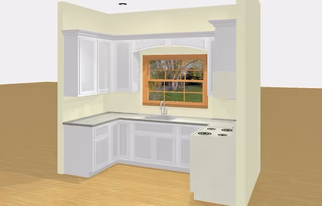 U-shaped white kitchen with cabinets, window, sink, and stove in a light interior.