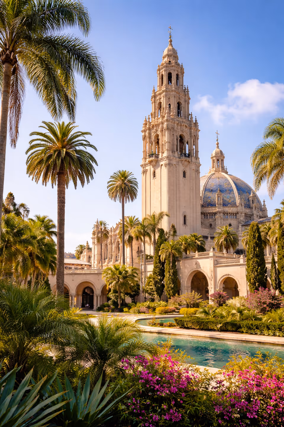 Sunlit outdoor courtyard with palm trees, a domed building, and a reflective pool.
