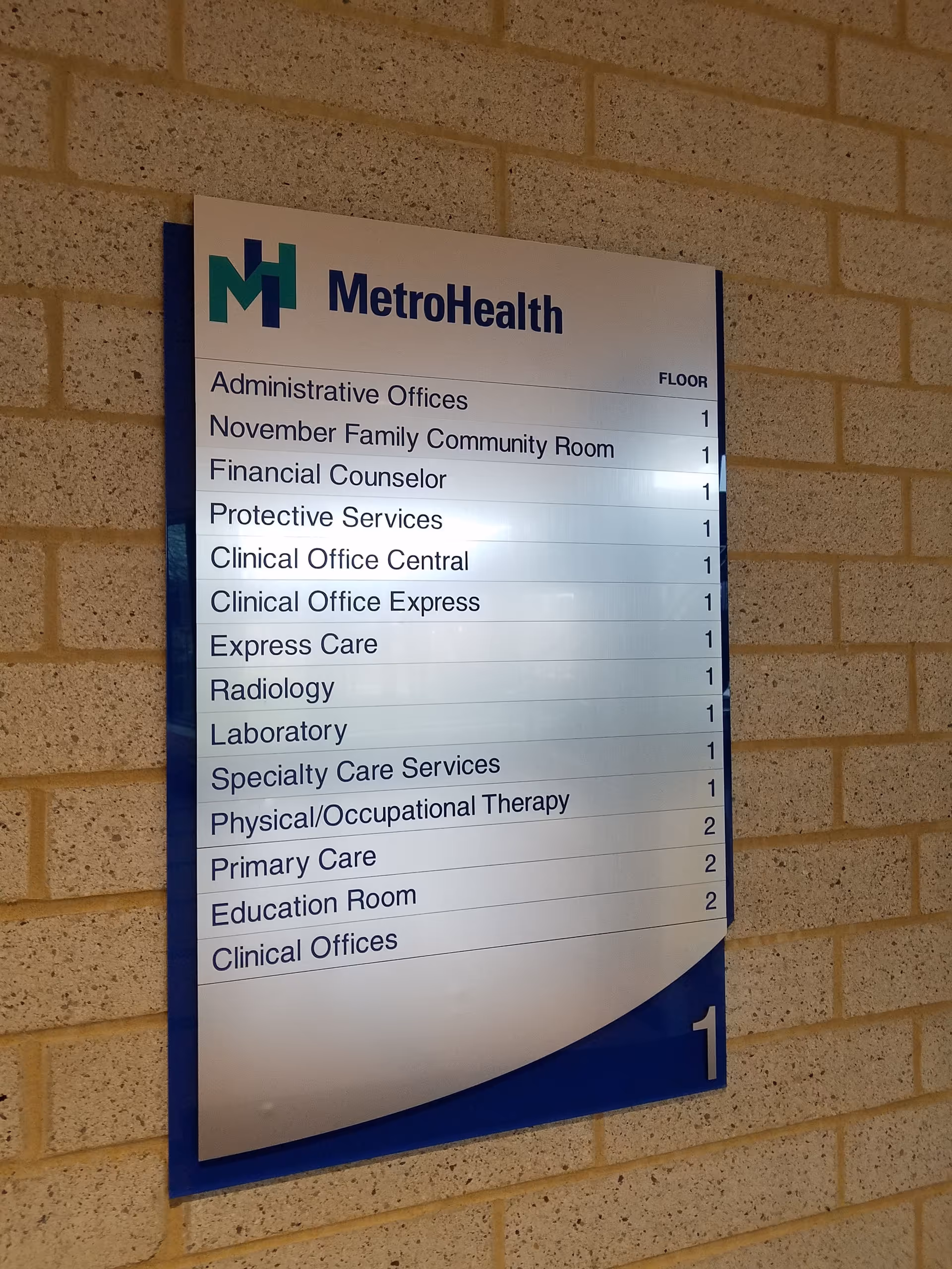 Indoor hallway sign lists MetroHealth offices and room numbers on a brick wall.