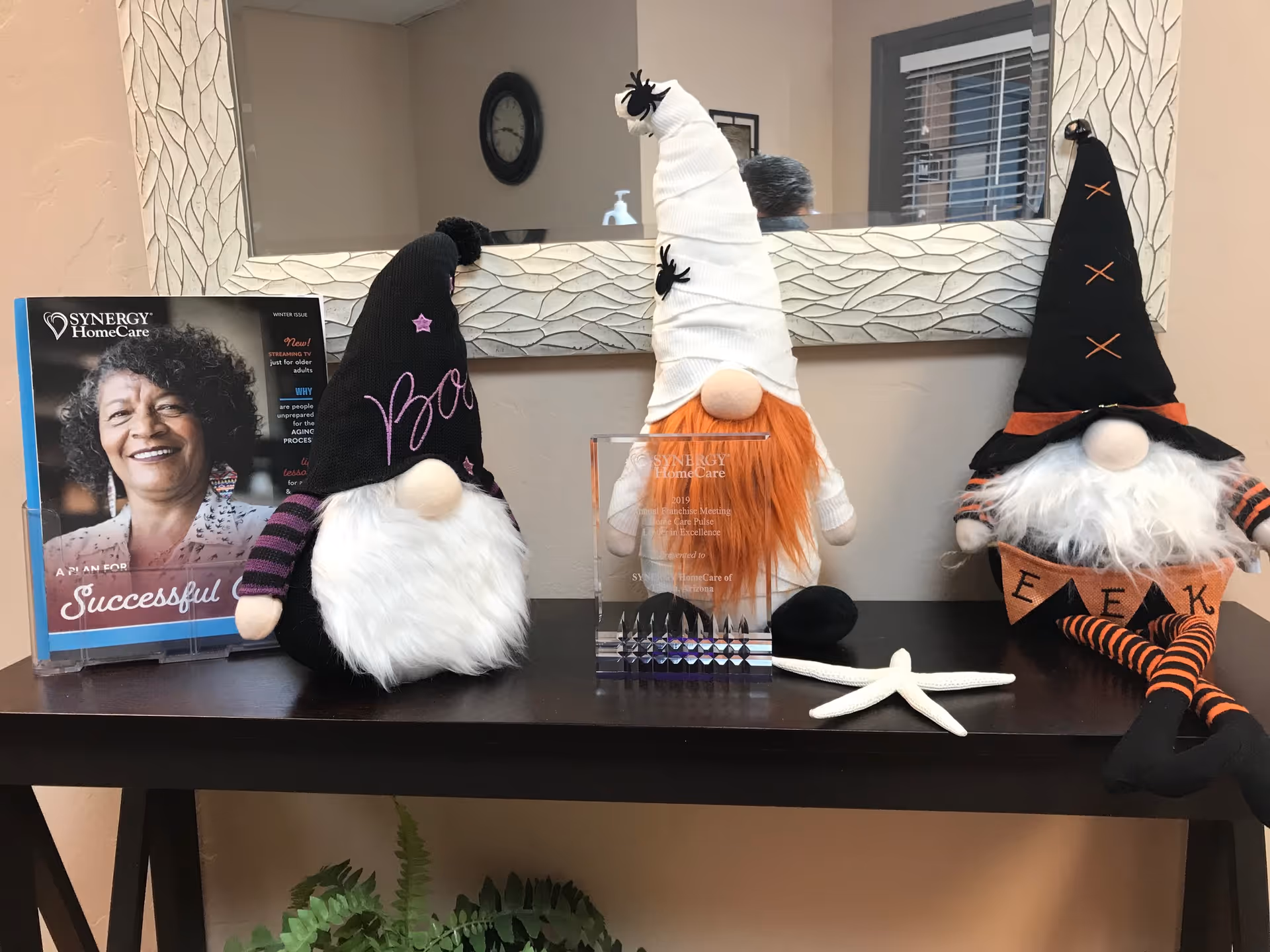 Three Halloween gnome decorations sit on a dark table beside a Synergy HomeCare brochure.
