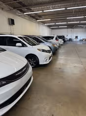 Indoor parking garage with white cars parked along a concrete floor.