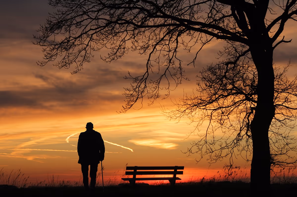 Silhouette of a person with a walking stick beside a bench at sunset