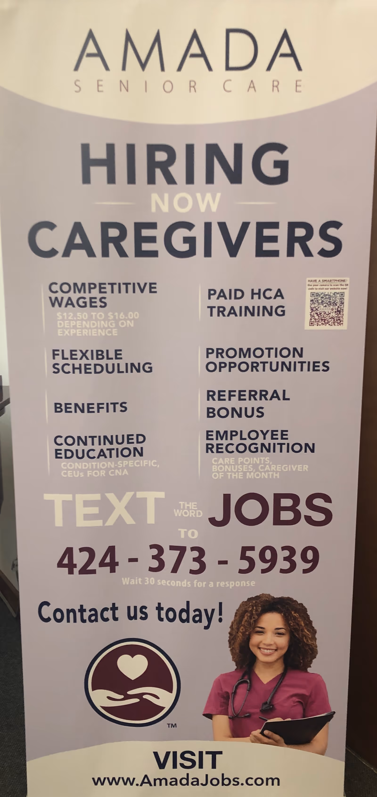 Banner for Amada Senior Care inside, advertising caregiver jobs with a nurse image.