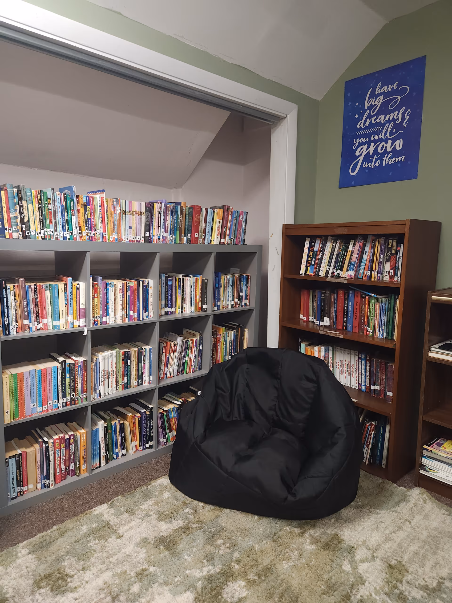 Interior library nook with shelves of colorful books and a black beanbag chair.