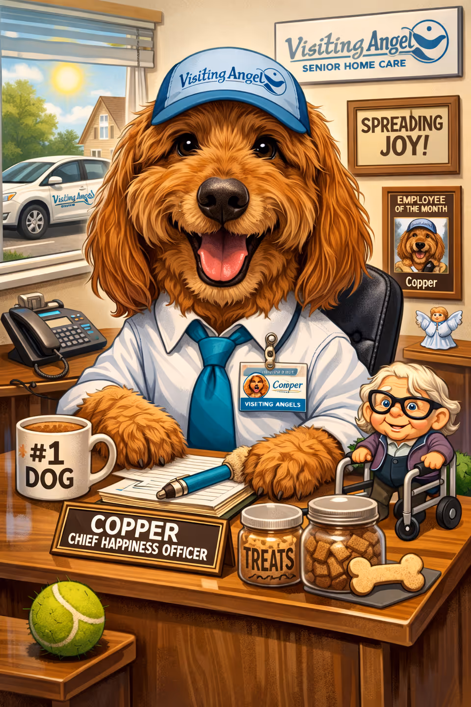 Cartoon dog in Visiting Angels attire sits at desk with an elderly resident nearby.