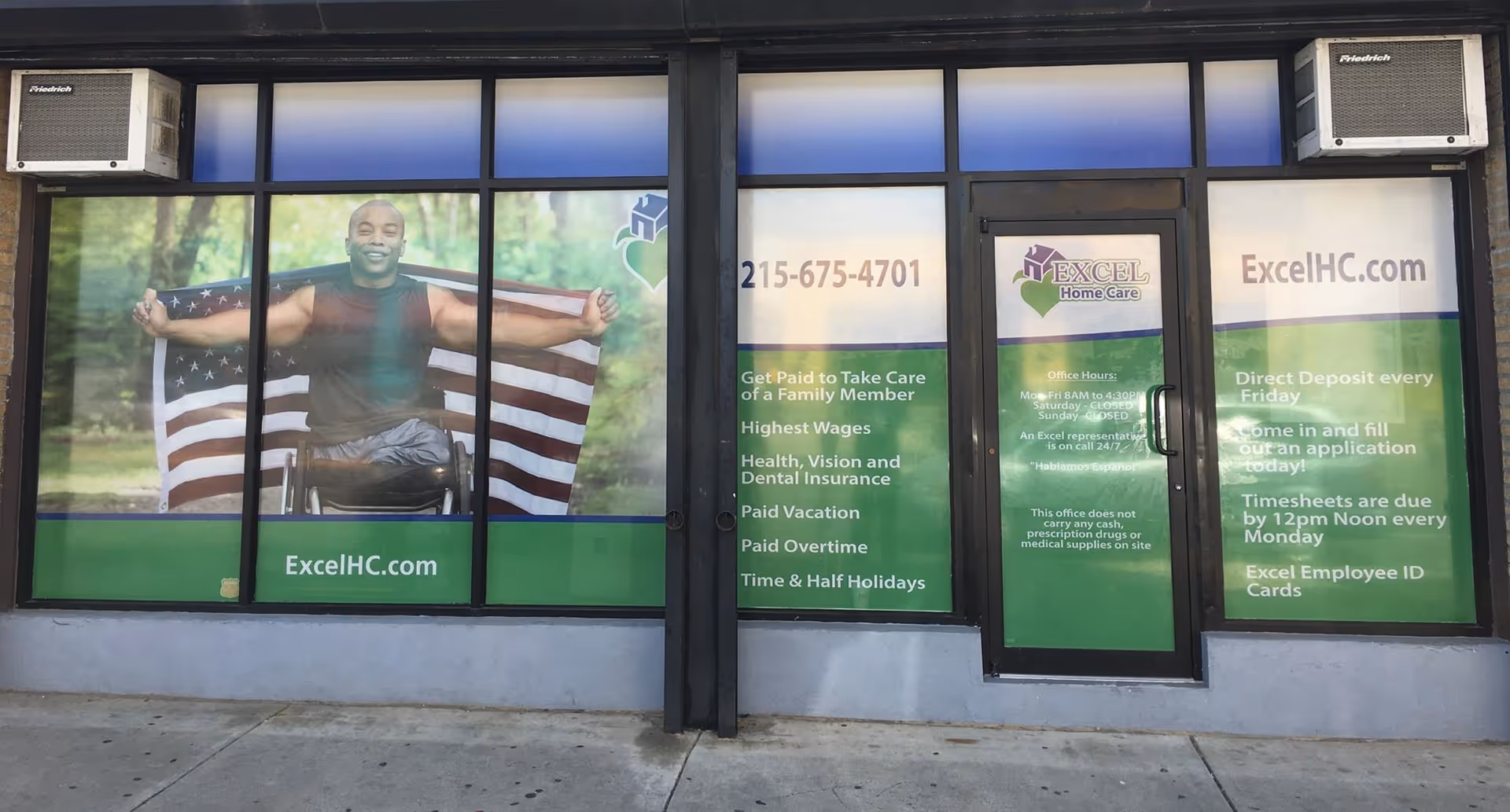 Exterior storefront with green Excel Home Care banners; left panel shows a man in a wheelchair.