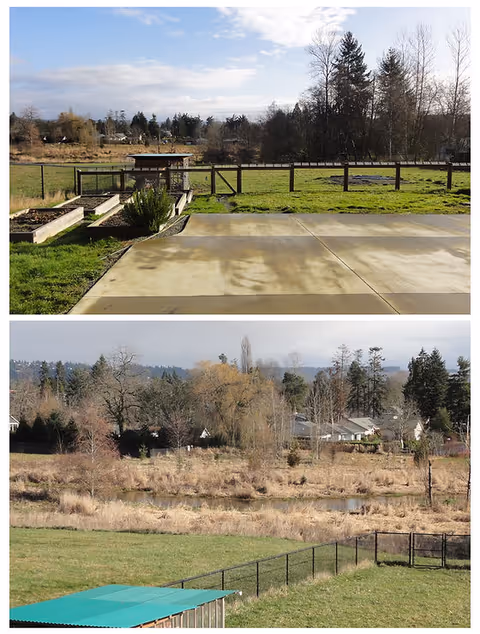 Outdoor view of a fenced yard, patio, and surrounding fields at a rural senior home.
