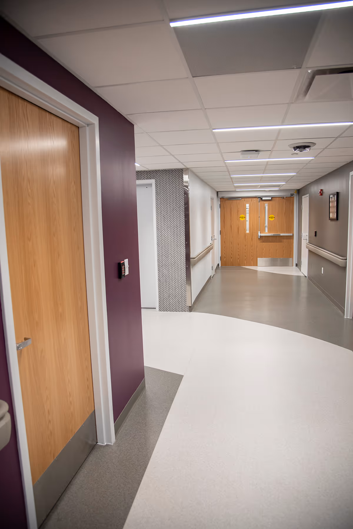 Long hospital hallway with wooden doors, purple walls, and bright ceiling lights.
