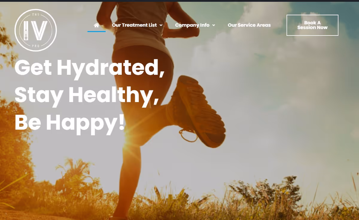 A runner outdoors with hydration slogan overlay and IV Pro logo.