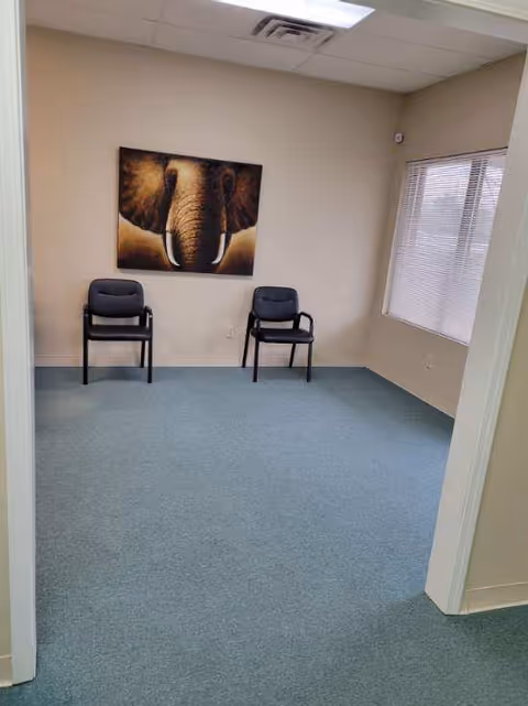 Small waiting area with two chairs and an elephant artwork on the wall.