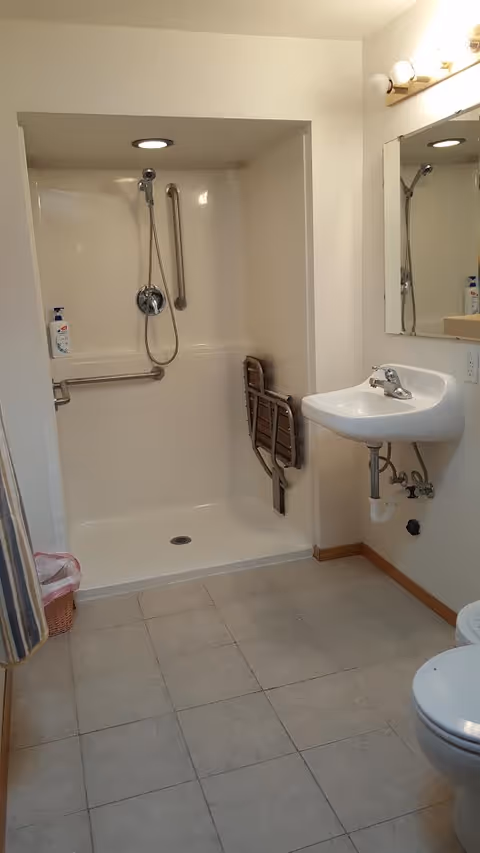 Interior bathroom with a walk-in shower, grab bars, a sink, and a mirror.