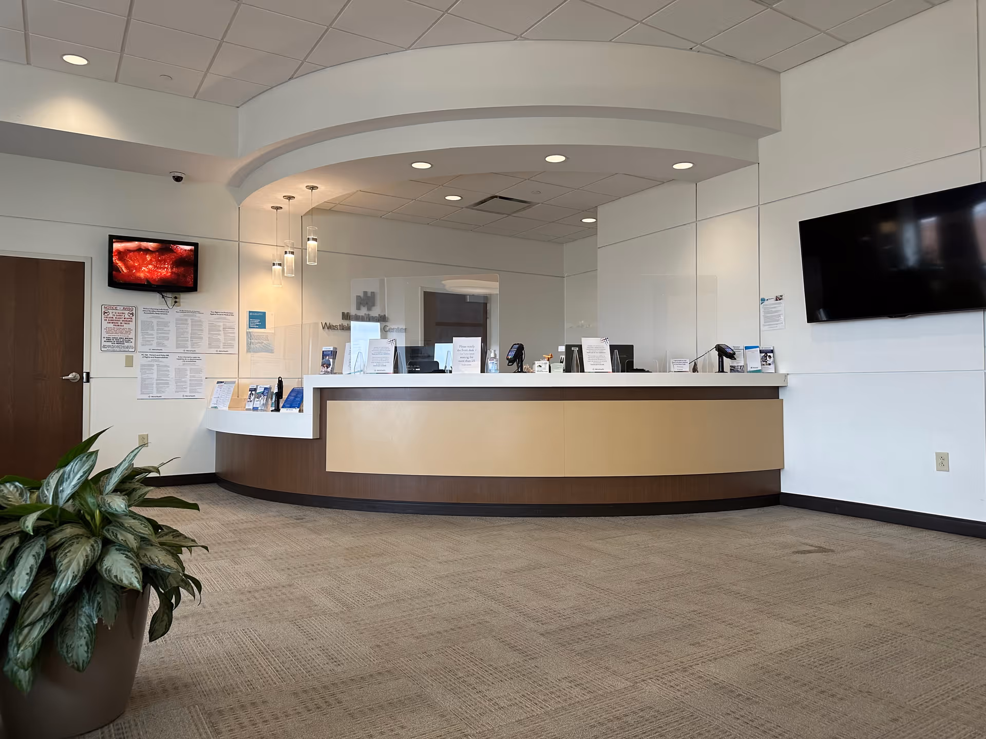 Lobby reception area with curved front desk, TV, posters, and a potted plant.