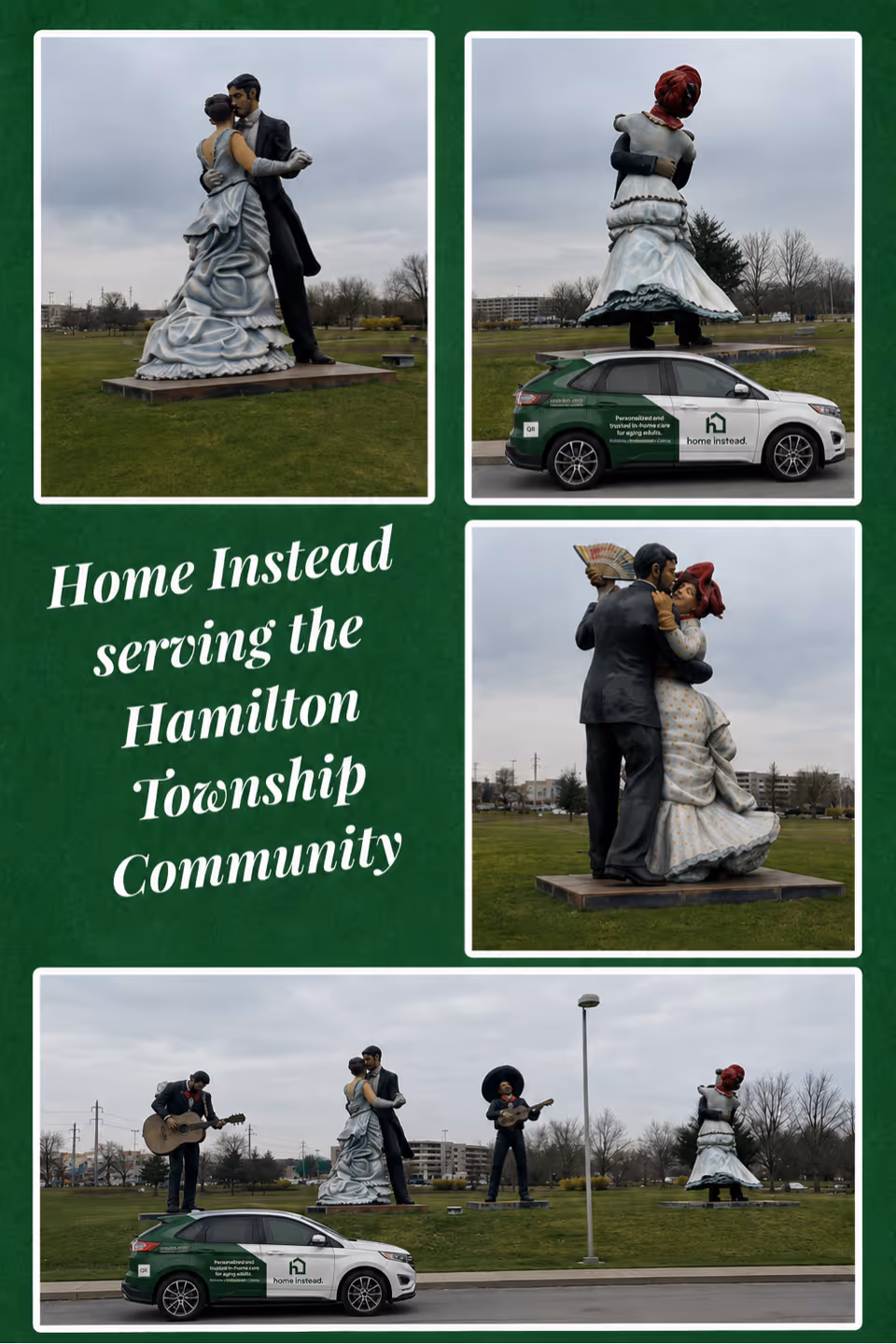 Outdoor sculptures of dancing couples in a park with a Home Instead vehicle.