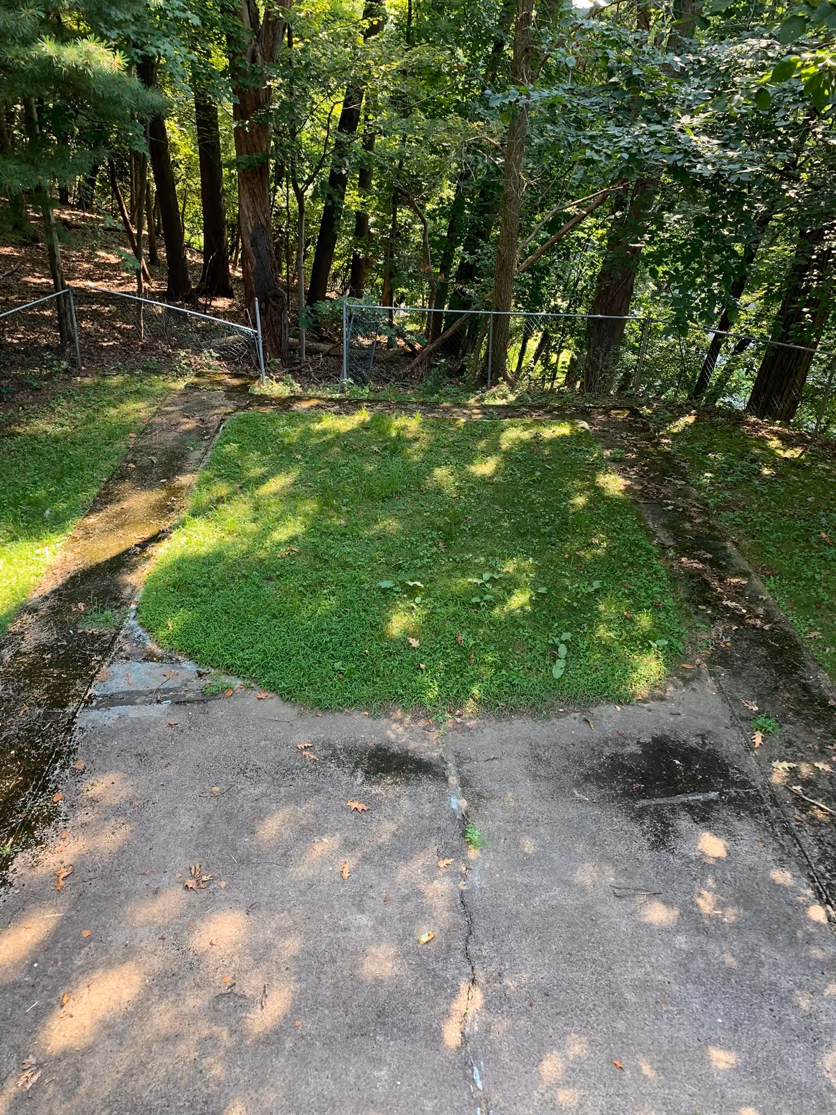 Concrete patio surrounds a circular grassy patch, with trees and a chain-link fence behind.