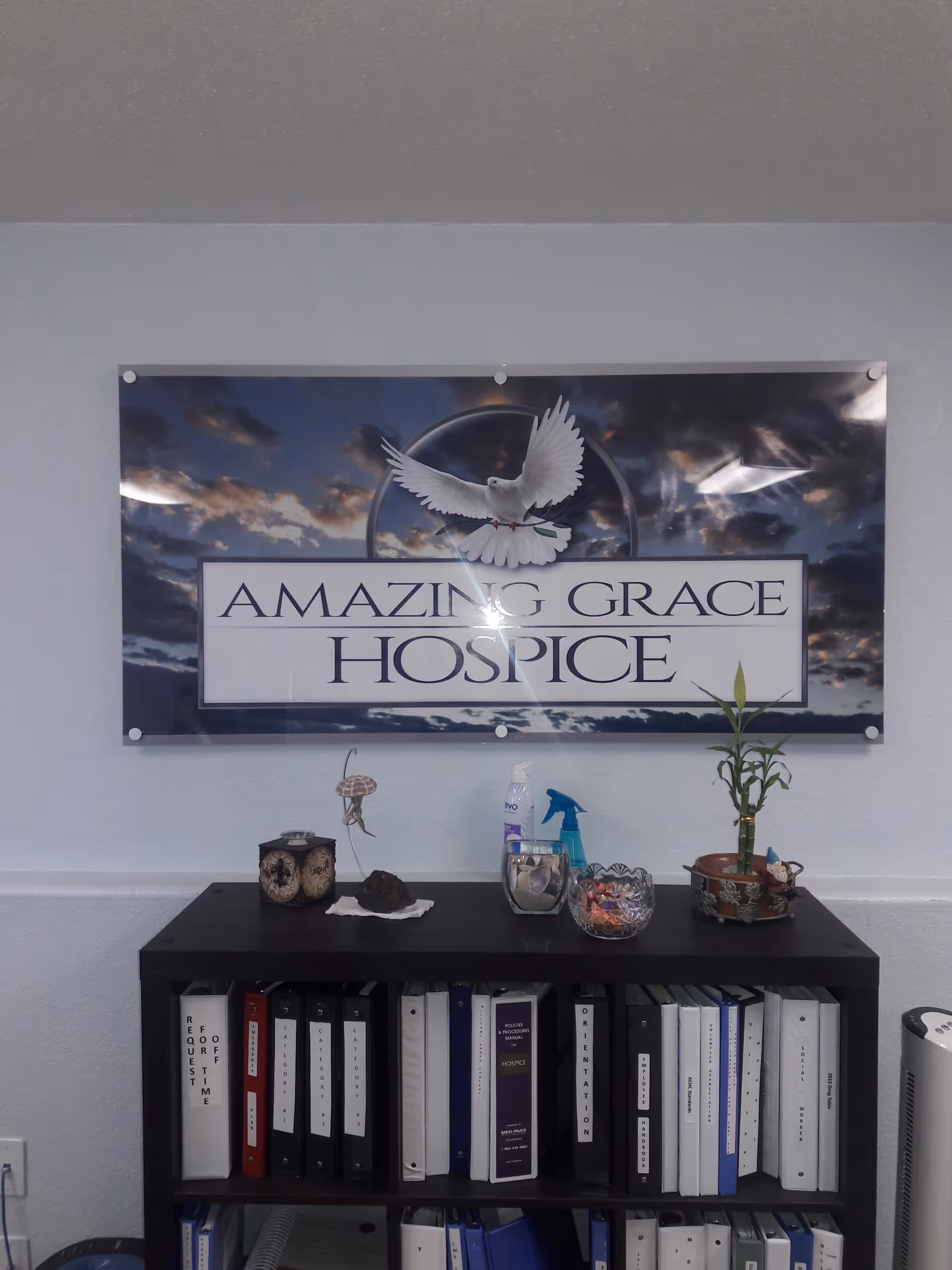 Interior wall with Amazing Grace Hospice sign above a dark cabinet and binders.