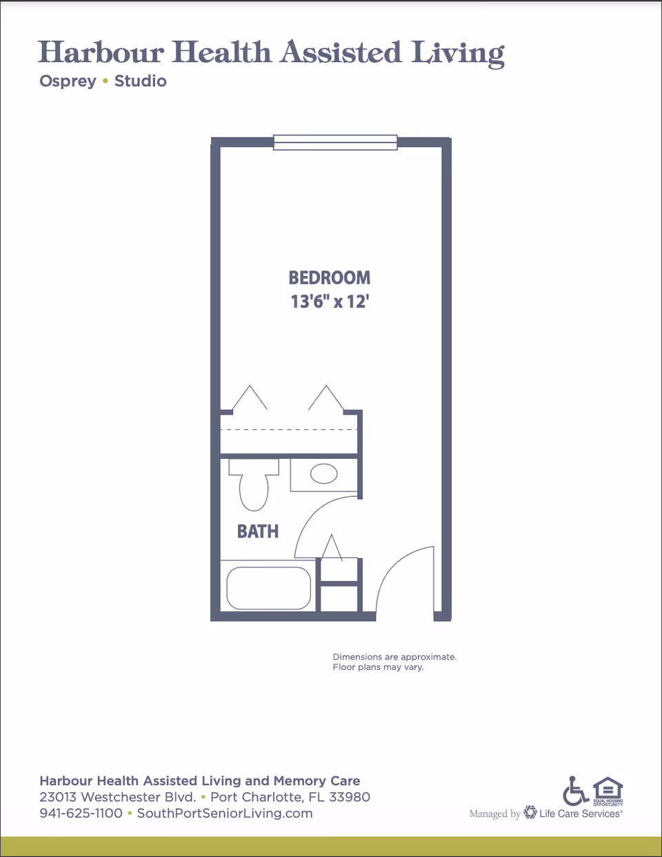Floor plan of a bedroom and bath at Harbour Health Center at South Port Square.