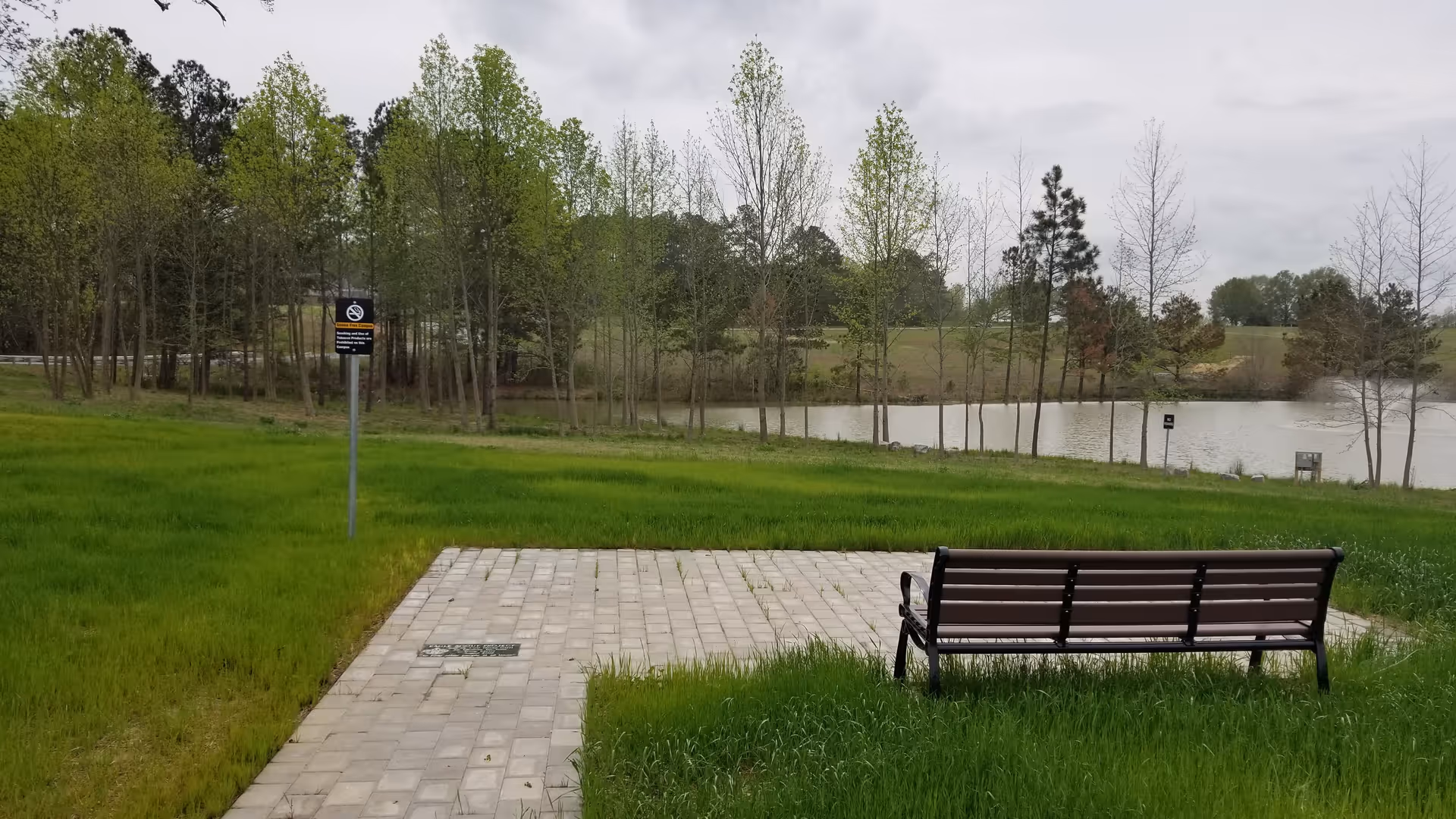 A park-like outdoor area with a bench on a paved path beside a pond.