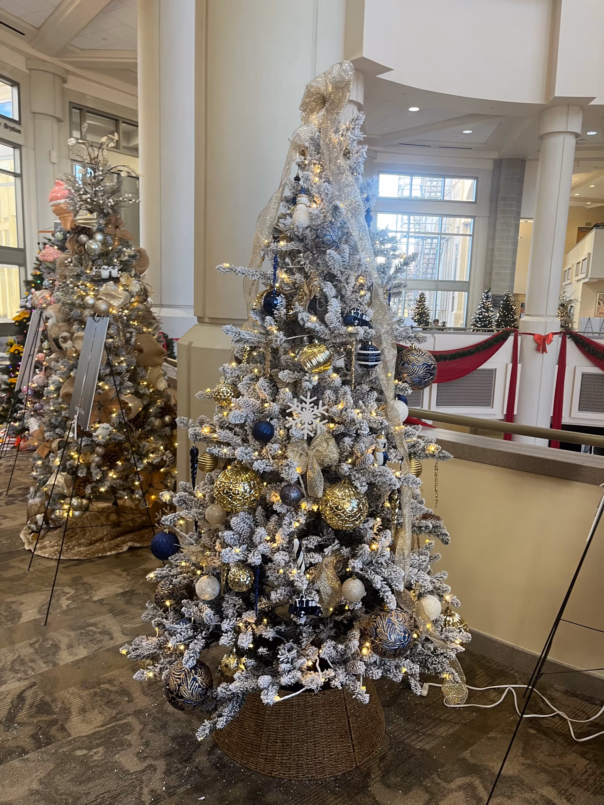 Inside Cornerstone Caregiving lobby, frosted Christmas trees adorned with blue and gold ornaments.