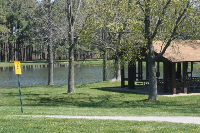 Outdoor park scene with a wooden pavilion, trees, a grassy area, and a pond.