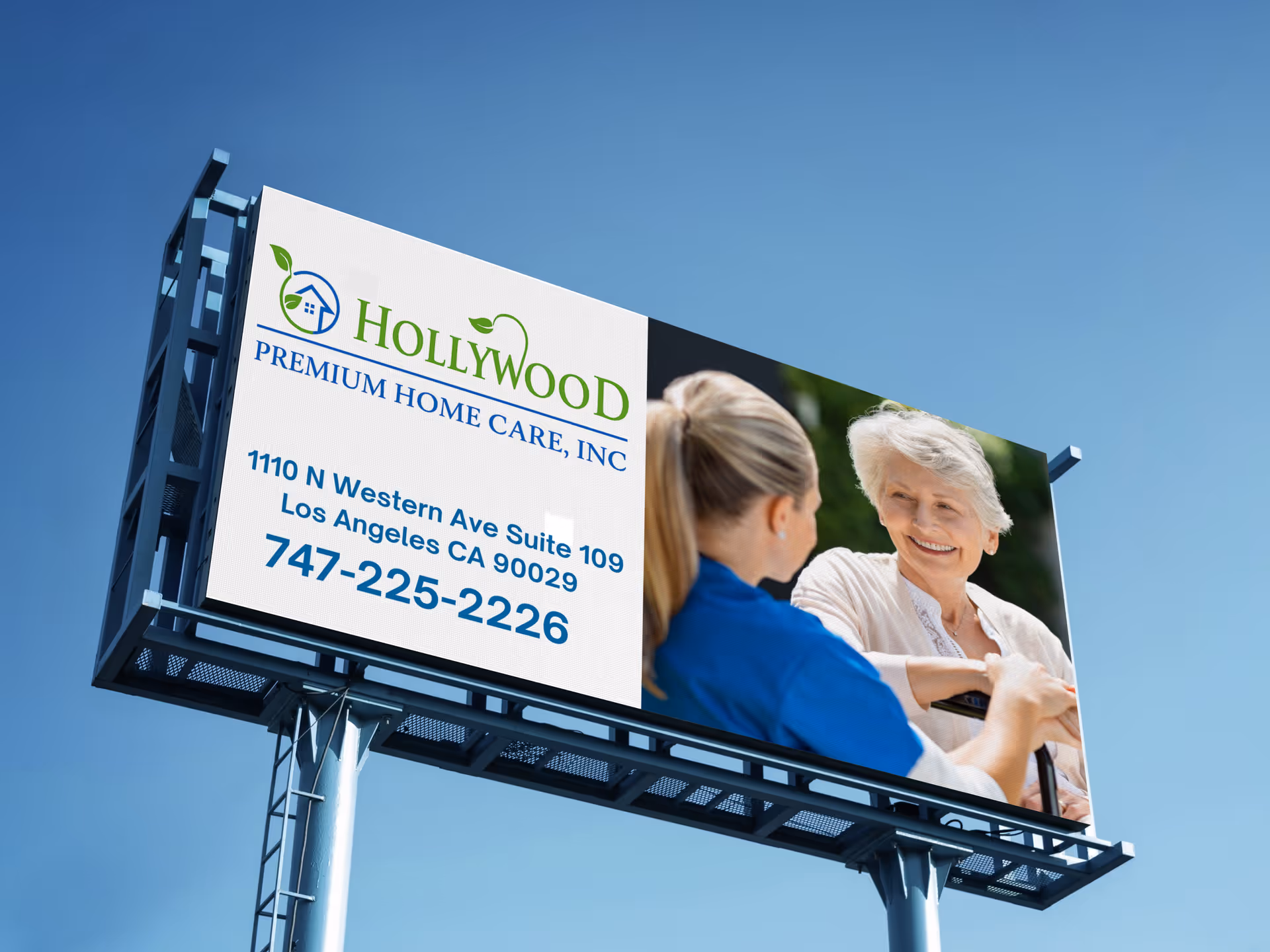 An outdoor billboard advertising Hollywood Premium Home Care with a caregiver and elderly woman