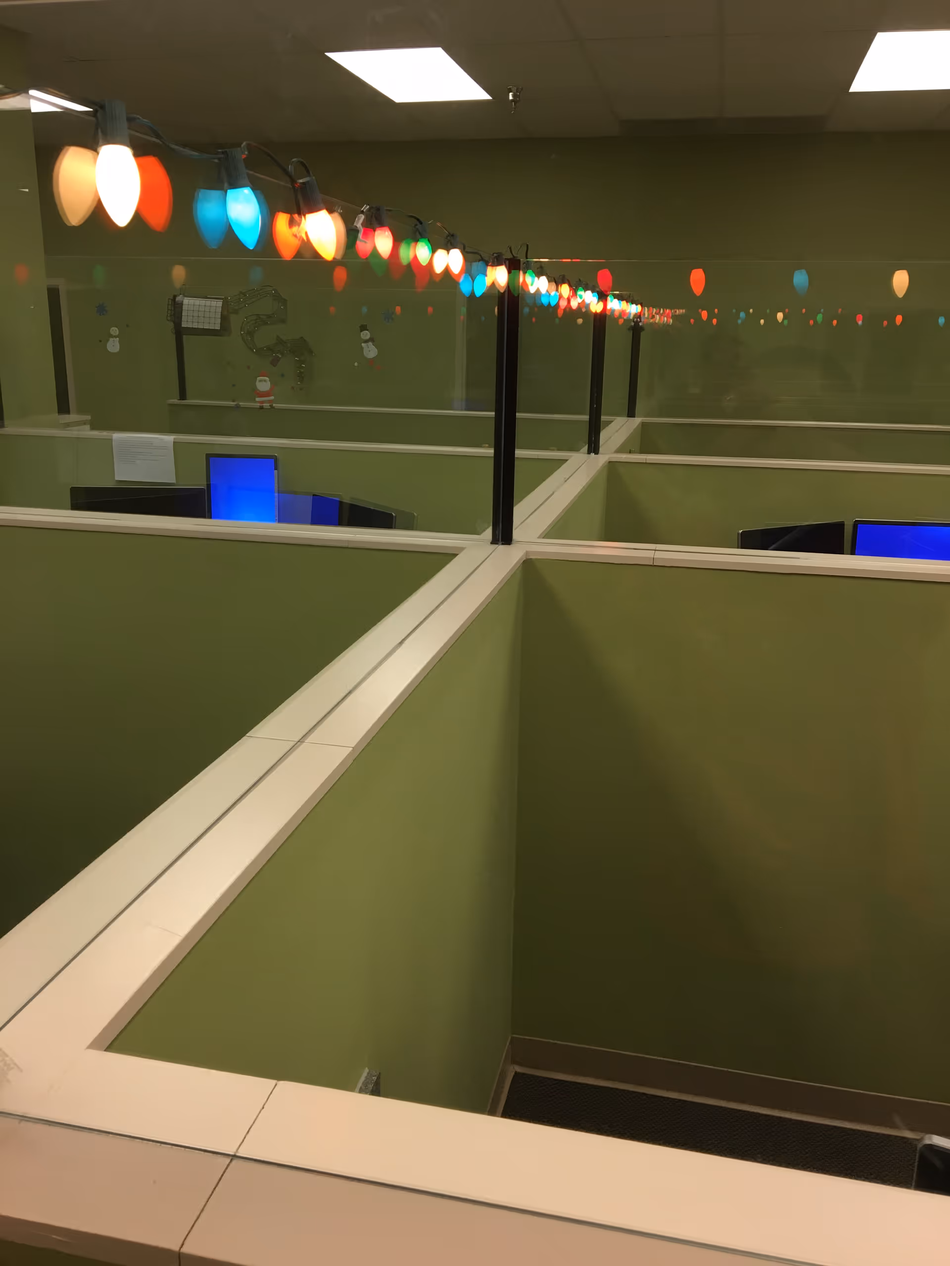 Green-walled office cubicles with computer monitors and colorful string lights overhead.