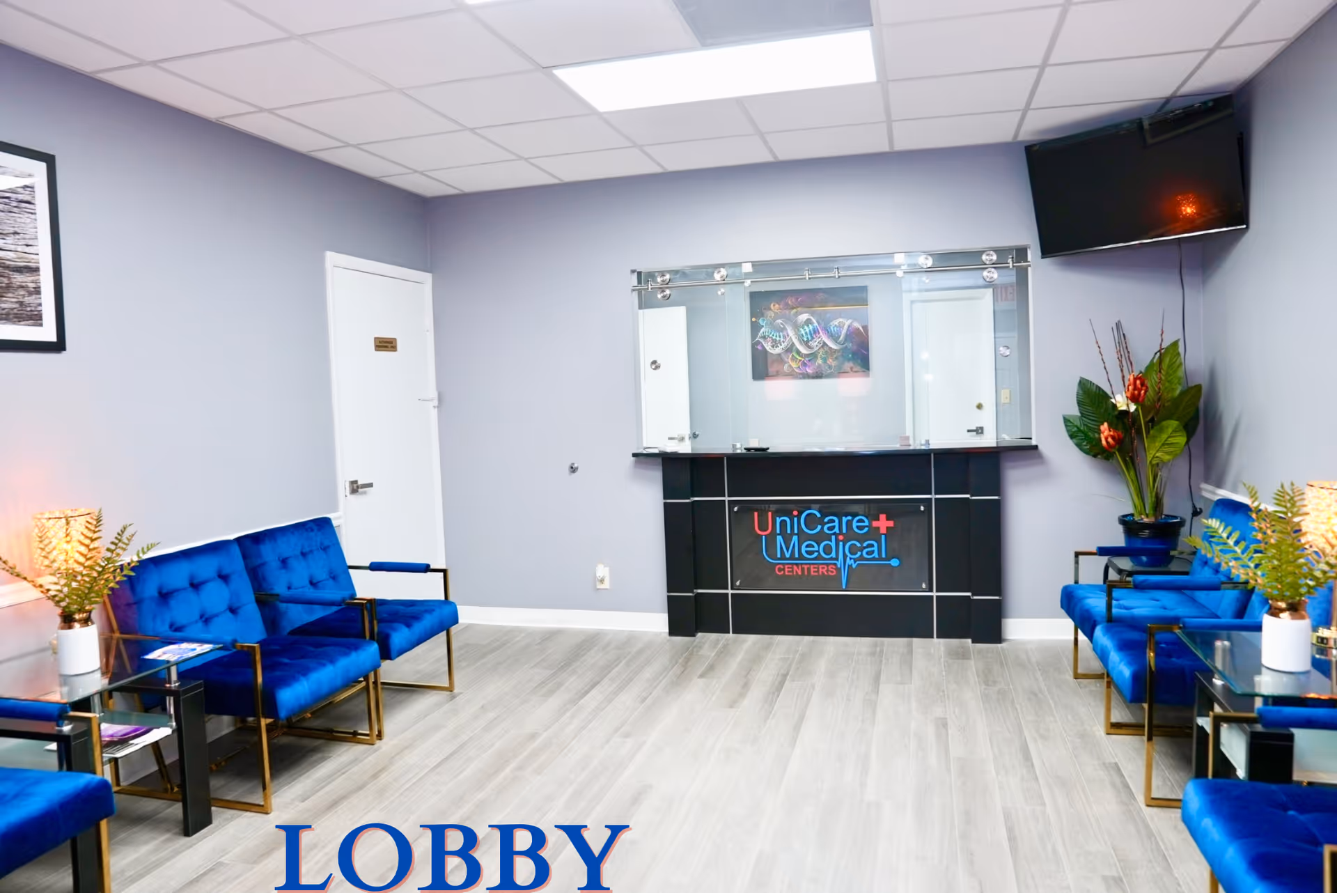 Lobby reception area with blue upholstered chairs, a black front desk, plants, and a wall-mounted TV.