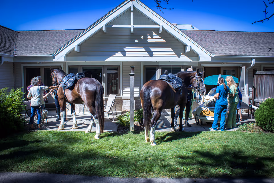 Outside the Agrace facility, people in scrubs tend horses in a courtyard.