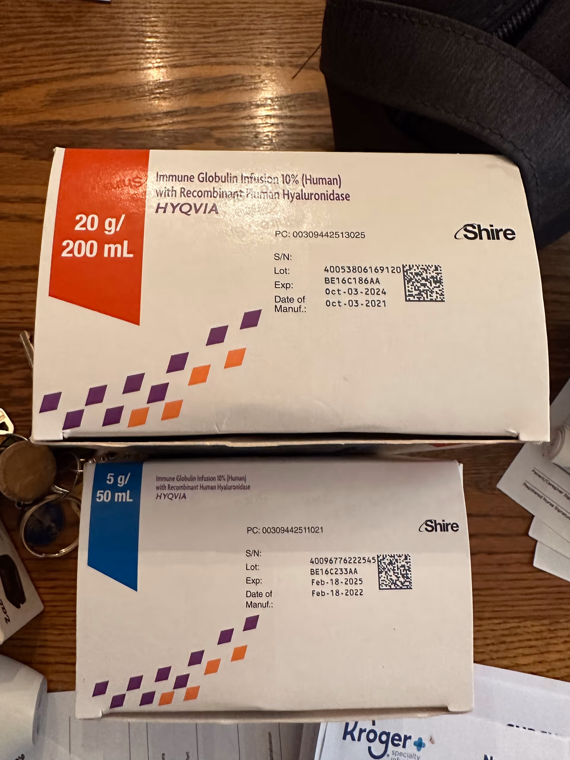 Two Shire infusion medication boxes on a wooden table.