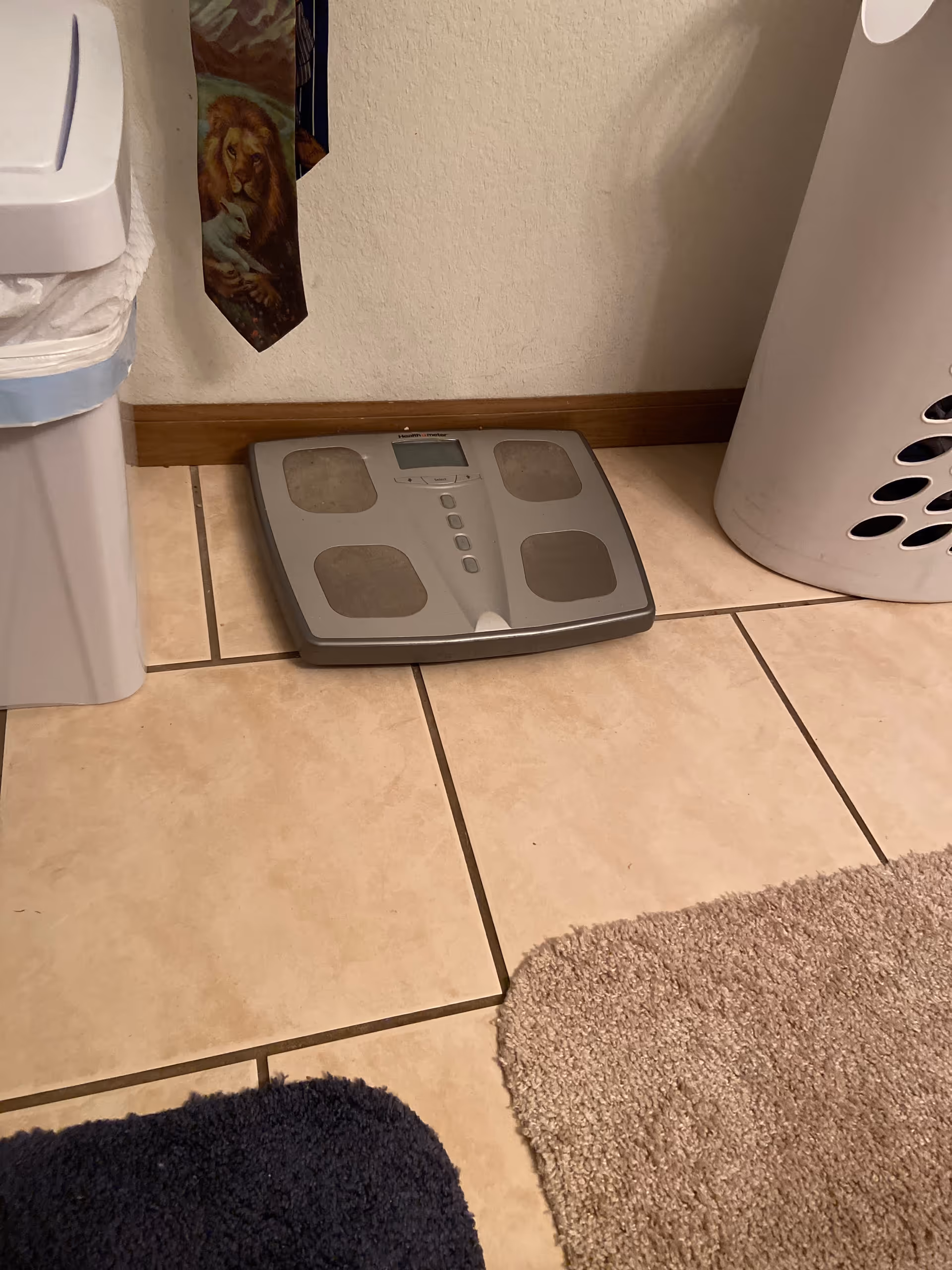 Digital scale sits on tiled floor beside a trash can and laundry hamper.
