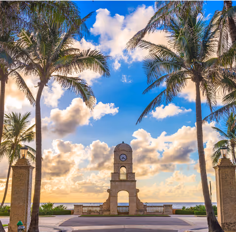 Palm trees border a seaside plaza with a stone clock tower and ocean view.