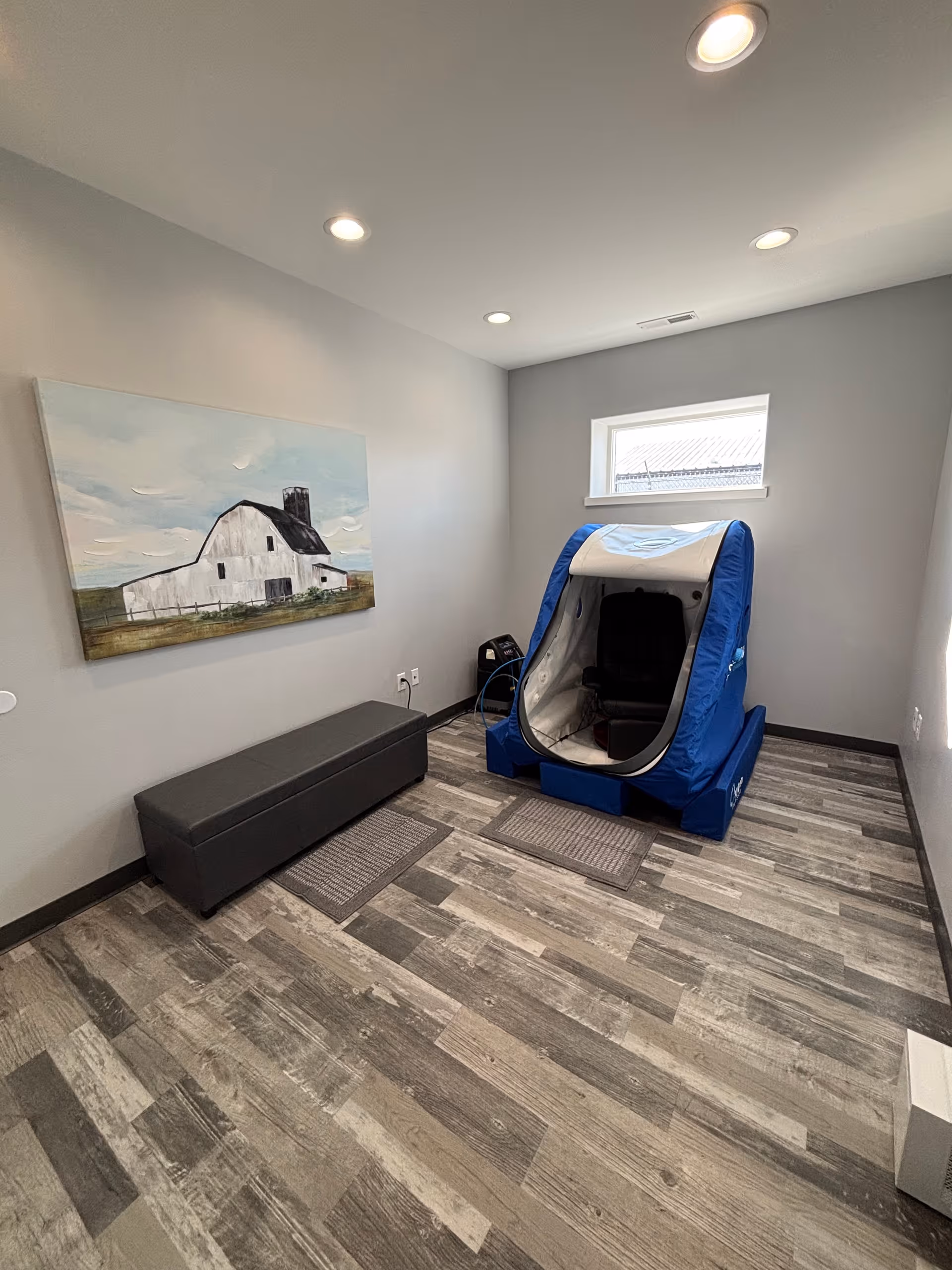 Small therapy room with a blue enclosed sensory pod, bench, and barn artwork.